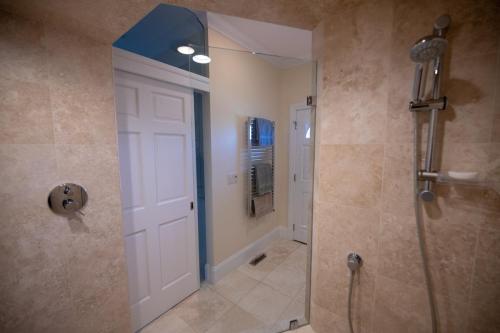 Shower with Pocket Door and Heated towel bar 